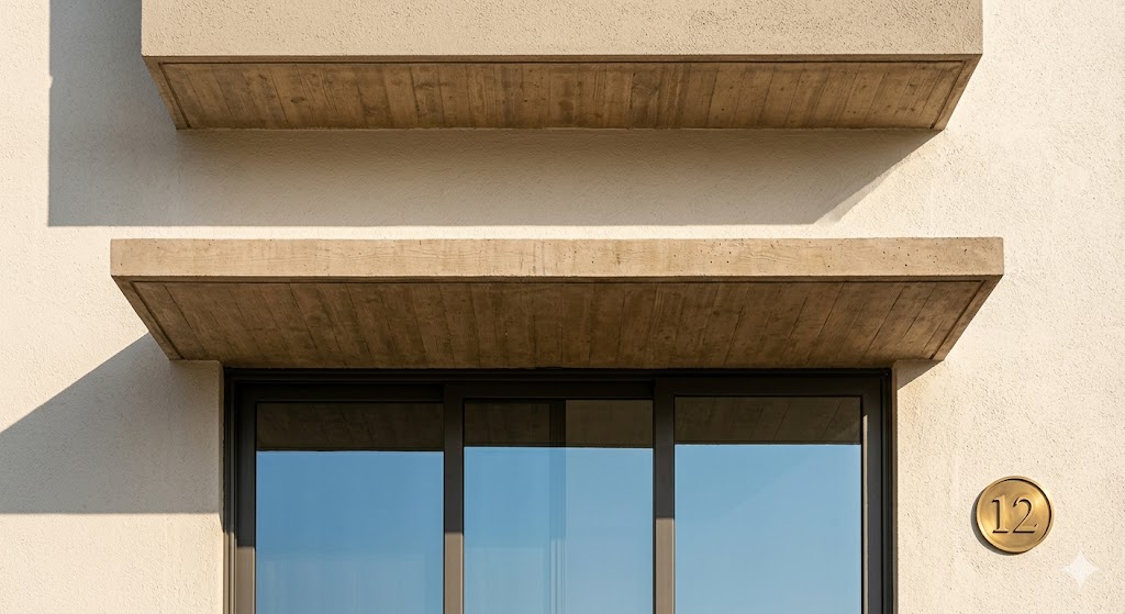 A correctly-sized 600 mm deep RCC chajja projecting over a wide window group on an Indian home's south facade, casting a crisp horizontal shadow line below it and visibly protecting the anodised aluminium glazing behind from direct mid-afternoon sun