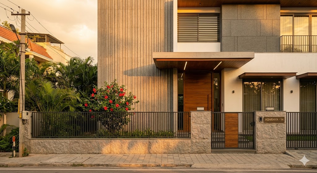 A solid stone-clad plinth topped by a vertical iron grille forms a layered, semi-transparent Indian residential compound wall, with a teak pedestrian gate, a brass house number plate, and hibiscus blooms visible beyond the grille