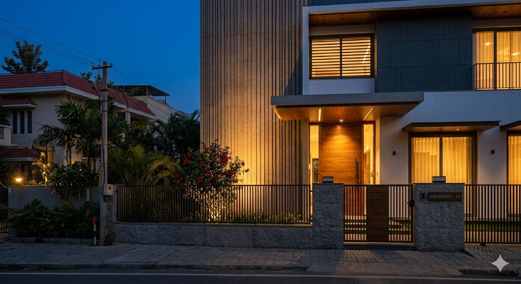 Indian home's front elevation at blue hour with three restrained warm-white accent lighting points — a wash on the vertical fluted-stone accent wall, a downlight grazing the main teak door, and an uplight at the planter — paired with warm interior light spilling from first-floor windows