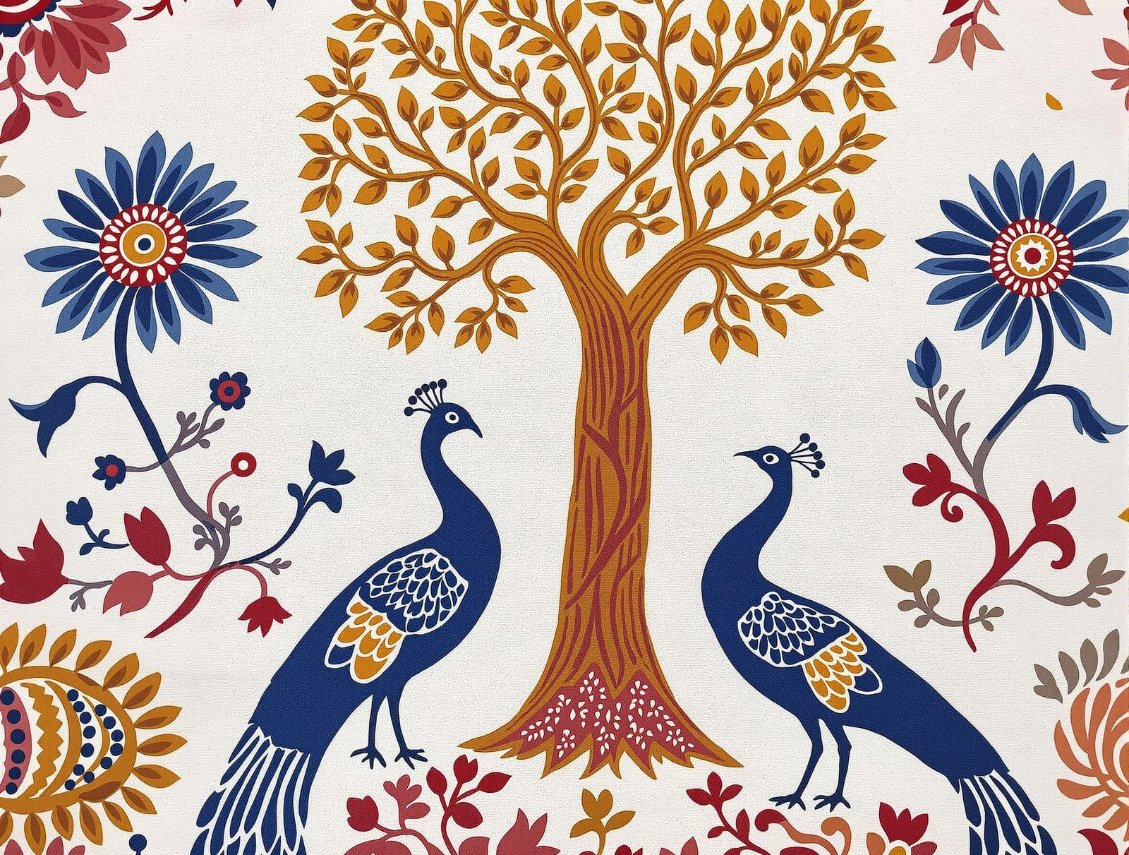 Hand-painted Kalamkari textile with tree-of-life motifs