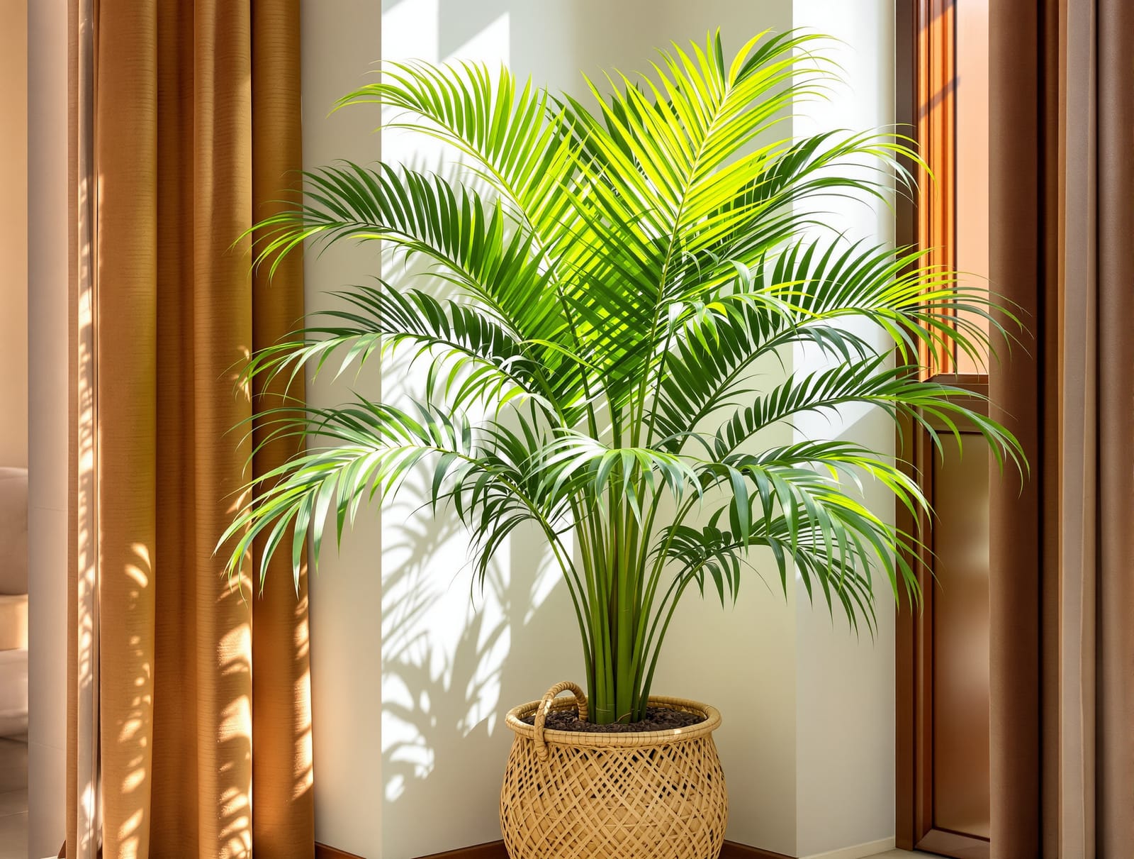 Areca palm with feathery fronds in an Indian home corner