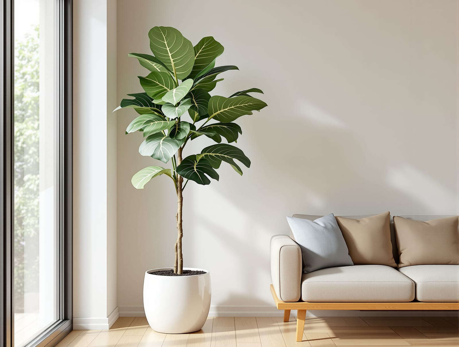 Fiddle leaf fig with large violin-shaped leaves in a bright Indian living room
