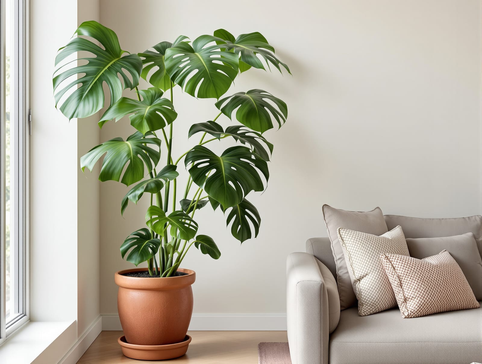 Monstera deliciosa with large split leaves in a modern Indian home