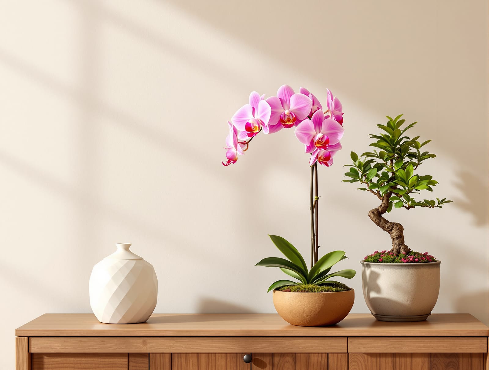 Orchids in bloom and a bonsai tree as natural decor accents in an Indian home