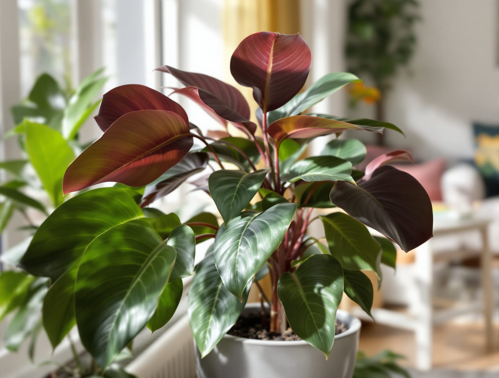 Rubber plant with glossy dark leaves in an Indian living room
