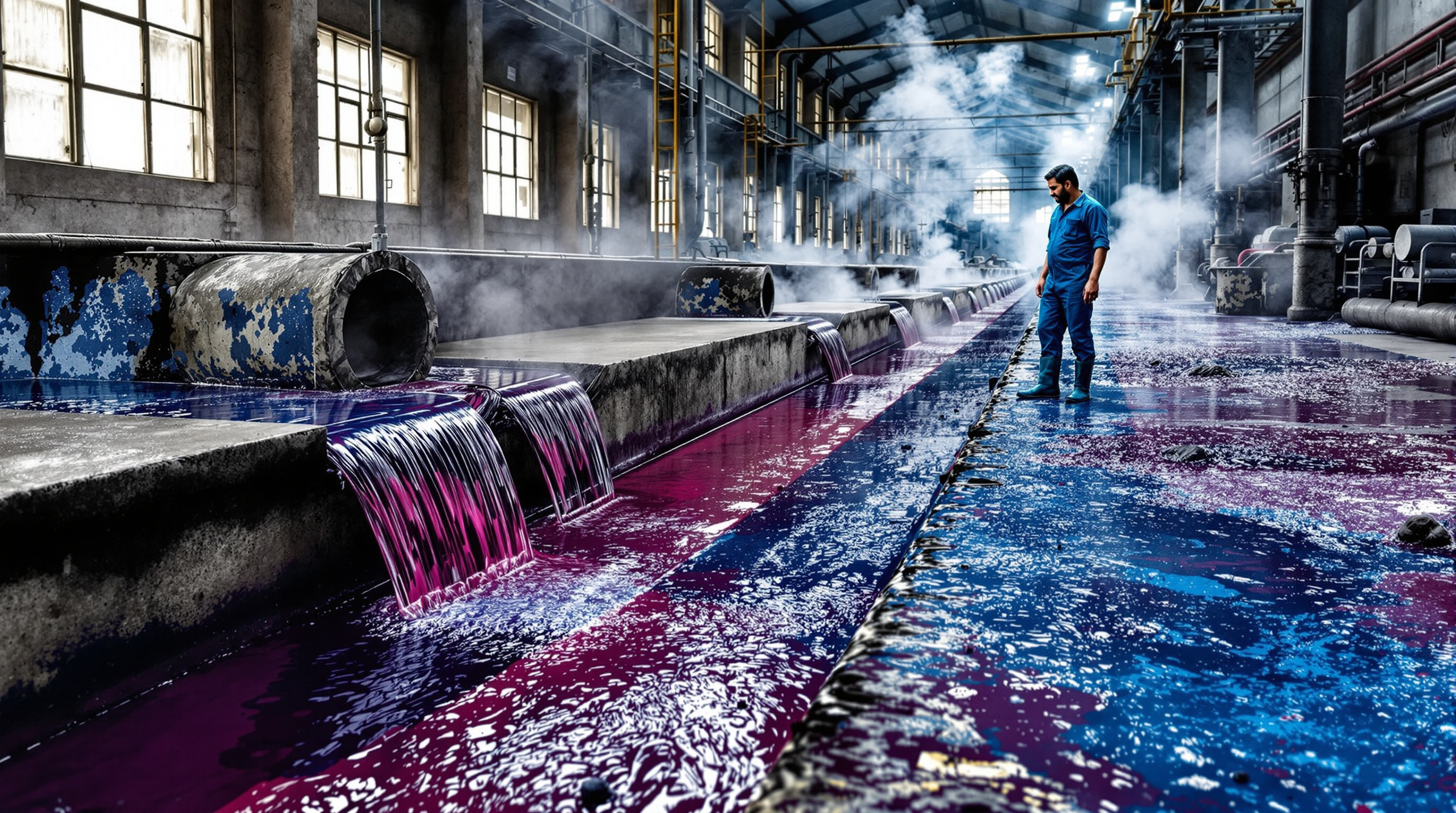 Vividly coloured dye-laden wastewater from a textile unit flowing into a concrete effluent channel at an Indian factory