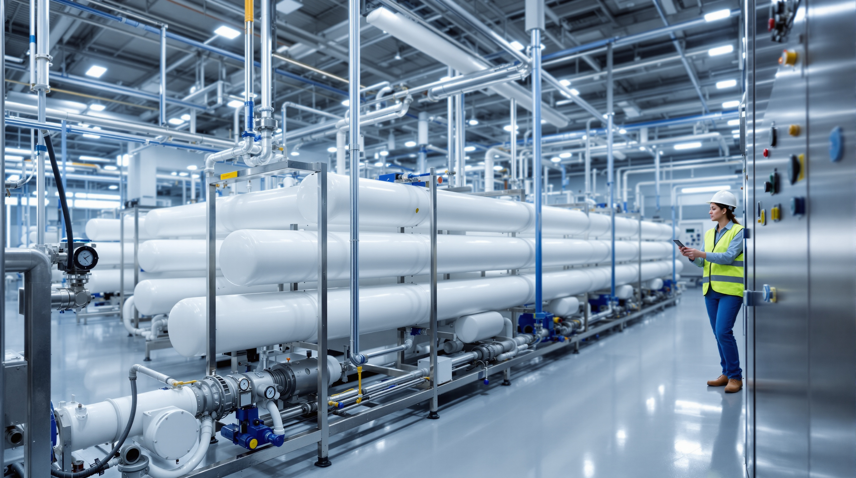 Bank of reverse-osmosis membrane skids with white pressure vessels and pumps inside an Indian effluent treatment plant