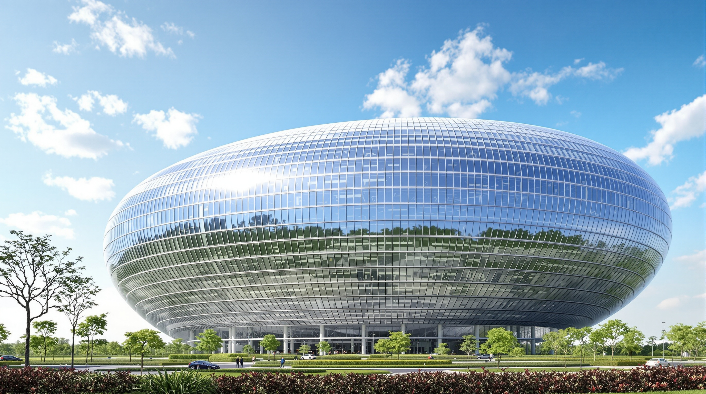 The egg-shaped, ellipsoidal software development block at the Infosys Hinjewadi campus in Pune, its curved steel-and-glass envelope tilted so one end meets the ground, set against a blue sky with landscaped grounds in the foreground