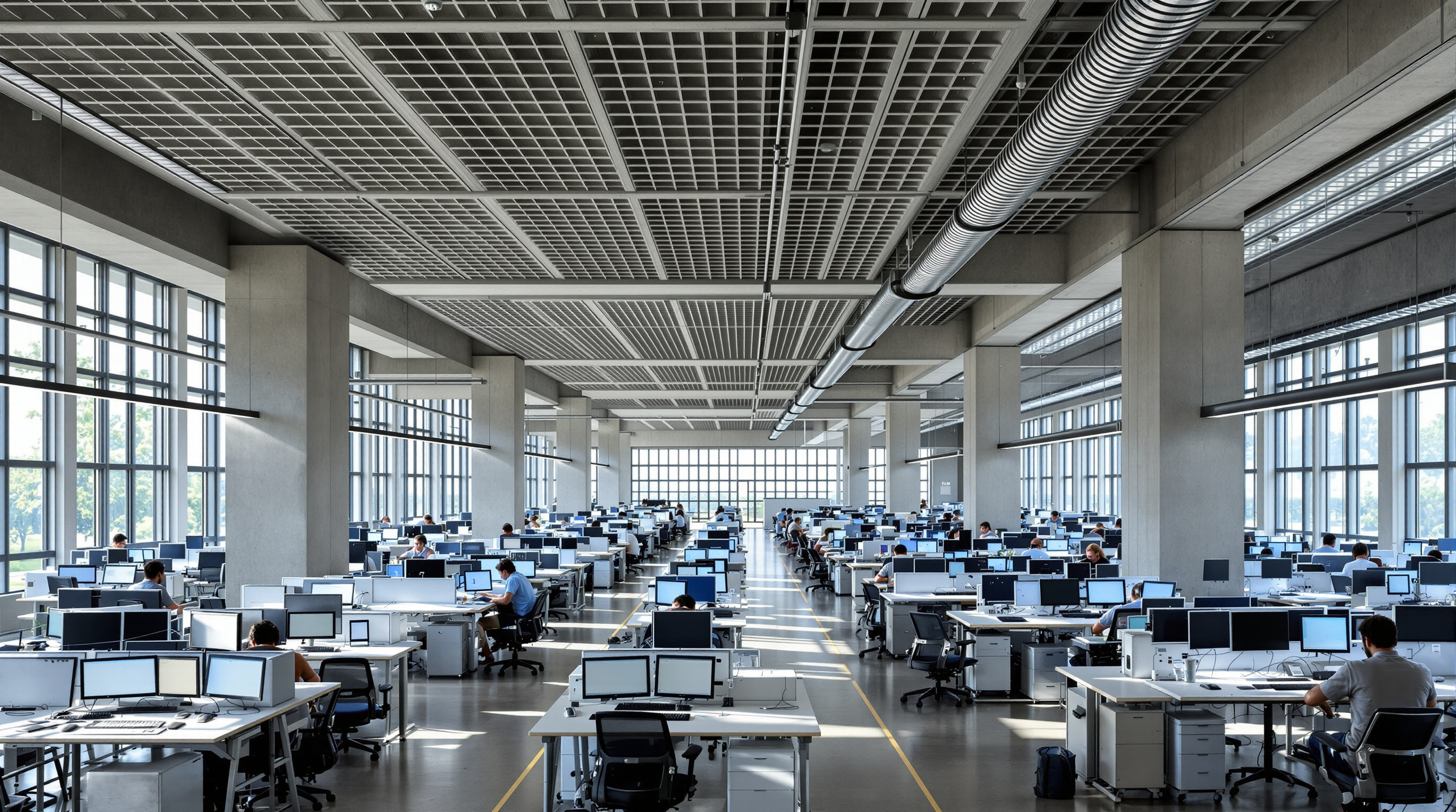 A radiant-cooled software block interior at a Morphogenesis-designed Infosys campus: an open floor of workstations under an exposed concrete waffle-slab ceiling with embedded cooling coils, daylight entering through deeply shaded windows, engineers working without visible air-conditioning ducts