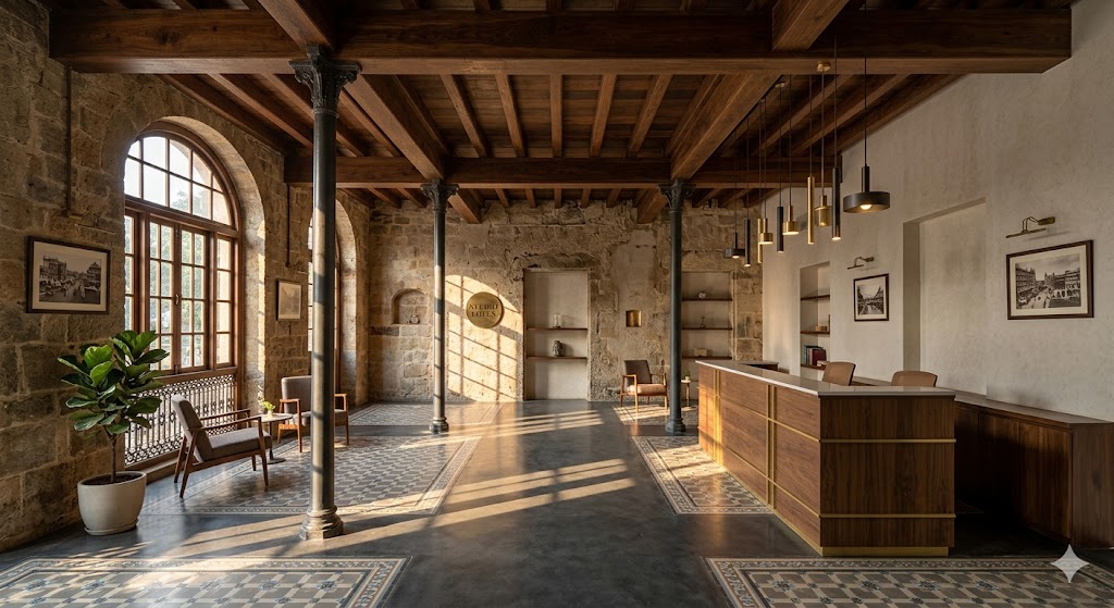 Wide-angle photograph of an adaptive reuse interior architecture project — the interior of a 1920s-era heritage building in Old Mumbai or Pondicherry that has been carefully retrofitted as a contemporary boutique hotel reception, the original heritage features preserved (stone walls and cast-iron columns and Burmese teak ceiling beams) integrated with new contemporary insertions (a sleek timber reception desk in walnut contemporary pendant lighting polished concrete floor inserts), the dialogue between old and new clearly visible, warm directional sunlight from a heritage window casting articulated shadows, no people, captured as architectural-photography-quality interior architecture documentation