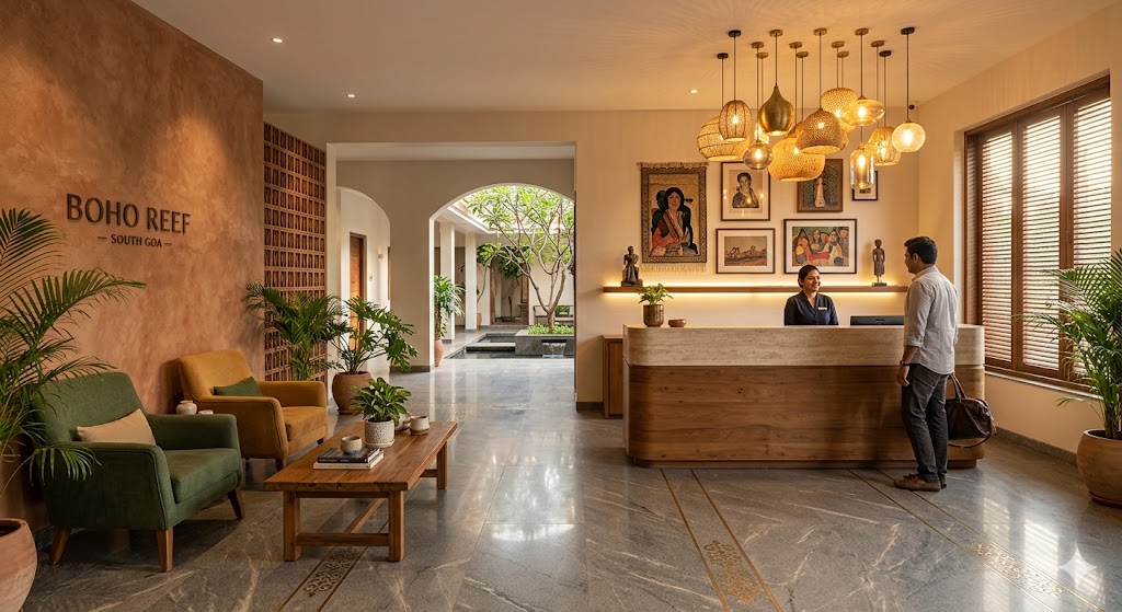 Wide-angle photograph of a finished boutique hotel reception space in Goa or Kerala designed by a contemporary Indian interior architecture practice, the space approximately 600 sft showing the IA discipline at full design depth — a long timber and travertine reception desk anchoring the space, a curated arrangement of contemporary Indian art on the back wall, a designer pendant light cluster hanging above, a generously proportioned waiting area with two upholstered armchairs and a coffee table in front of a textured limewash wall in earth tones, polished granite flooring with subtle veining, a small staffed reception with a friendly Indian receptionist in formal blouse smiling at a guest checking in, warm late-afternoon hospitality lighting, magazine-quality interior architecture photograph