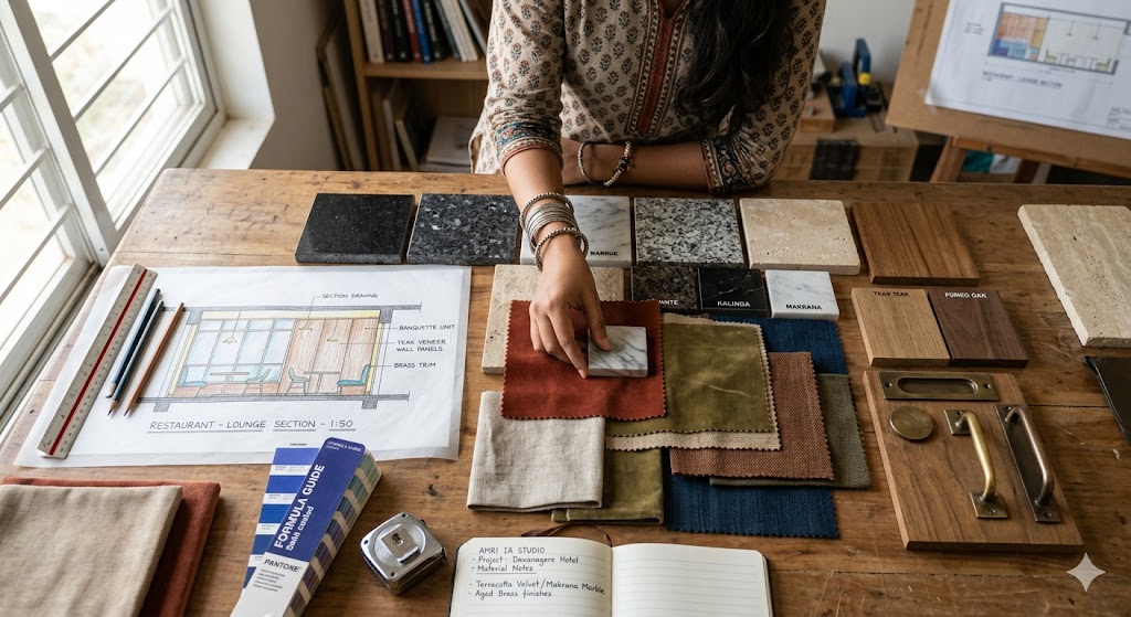 Close-up overhead photograph of an Indian interior architect at her studio worktable selecting materials for a hospitality project, the table covered with a curated material palette — granite and marble and travertine samples, fabric squares for upholstery linen velvet cotton in earth tones, timber veneer samples teak oak walnut, brass and bronze hardware finishes, a hand-drawn section drawing of the restaurant in progress next to the materials, the IA's hand holding a marble sample to compare against a fabric, a Pantone book and measuring tape and design notebook on the side of the table, soft natural daylight from a large studio window, focused material specification moment in interior architecture practice