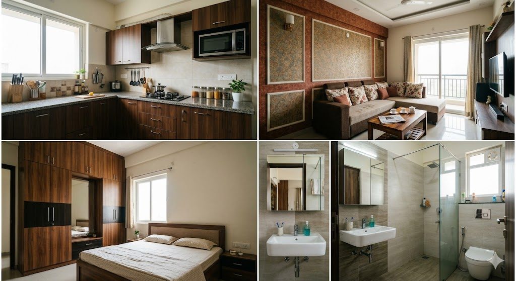Documentary collage of four finished Indian apartment rooms — a modular kitchen, a living room with feature wall, a master-bedroom wardrobe and a compact bathroom — illustrating where the interior budget goes room by room