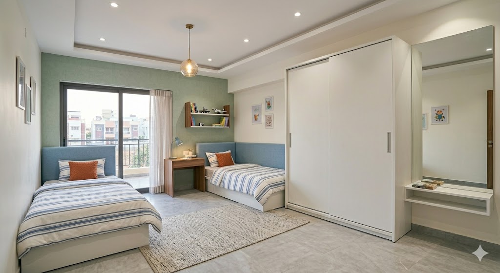 Wide-angle full-room photograph of a finished mid-spec Indian children bedroom designed for two siblings, around 120 sft, two single platform beds with light blue upholstered headboards arranged perpendicular to each other in an L configuration, a study desk between the beds with a small task lamp and bookshelf above, an 8 ft sliding two-door wardrobe in white acrylic finish along the third wall, white walls with one accent wall in soft sage green texture, white gypsum false ceiling with two recessed downlights and one pendant, natural daylight from a single window with a sheer curtain, neat and uncluttered staging — what mid-spec at ₹ 1,400/sft delivers when joinery surface area and finish materials are chosen carefully