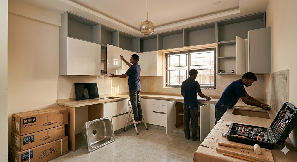 Medium wide photograph of a modular kitchen mid-installation in an Indian apartment, two carpenters in dark work shirts installing acrylic-finish wall cabinet shutters on a freshly mounted HDHMR carcass at counter and wall height in an L-shape kitchen, the bottom cabinets are complete and freshly fitted with Hettich soft-close hinges visible, the granite countertop installer measuring with a tape on the adjacent wall surface, a stainless steel single-bowl sink temporarily placed on the floor next to the under-sink area, packed appliance boxes for chimney and hob stacked nearby, a tool kit with screwdrivers and pencil markings, natural daylight from the kitchen window, work-in-progress documentary mood — kitchen carries the highest ₹/room-sft of any interior line item