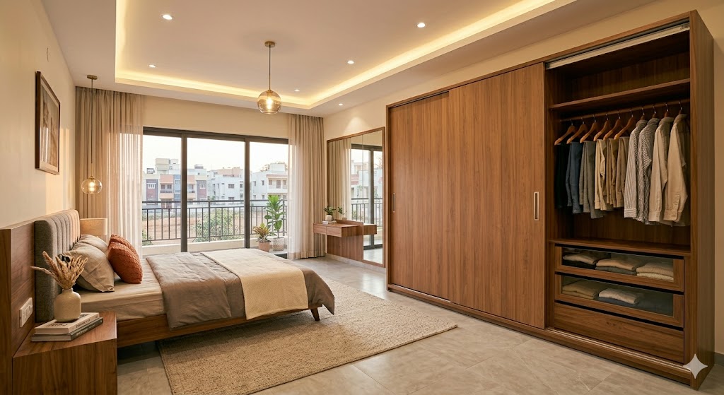 Wide-angle photograph of the inside of a finished master bedroom of a mid-spec 3 BHK Indian apartment showing a freshly installed 12 foot wide three-door sliding wardrobe along one entire wall, the wardrobe doors in light walnut acrylic with subtle brushed handles, one panel slid open to reveal the internal hanging rod with wooden hangers and two drawer units with neatly placed clothes, a platform bed with grey upholstered headboard and matching side units against the perpendicular wall, dressing area with a long mirror, white gypsum false ceiling with recessed downlights, warm overhead lighting plus natural light from a balcony door at the side, calm finished interior atmosphere