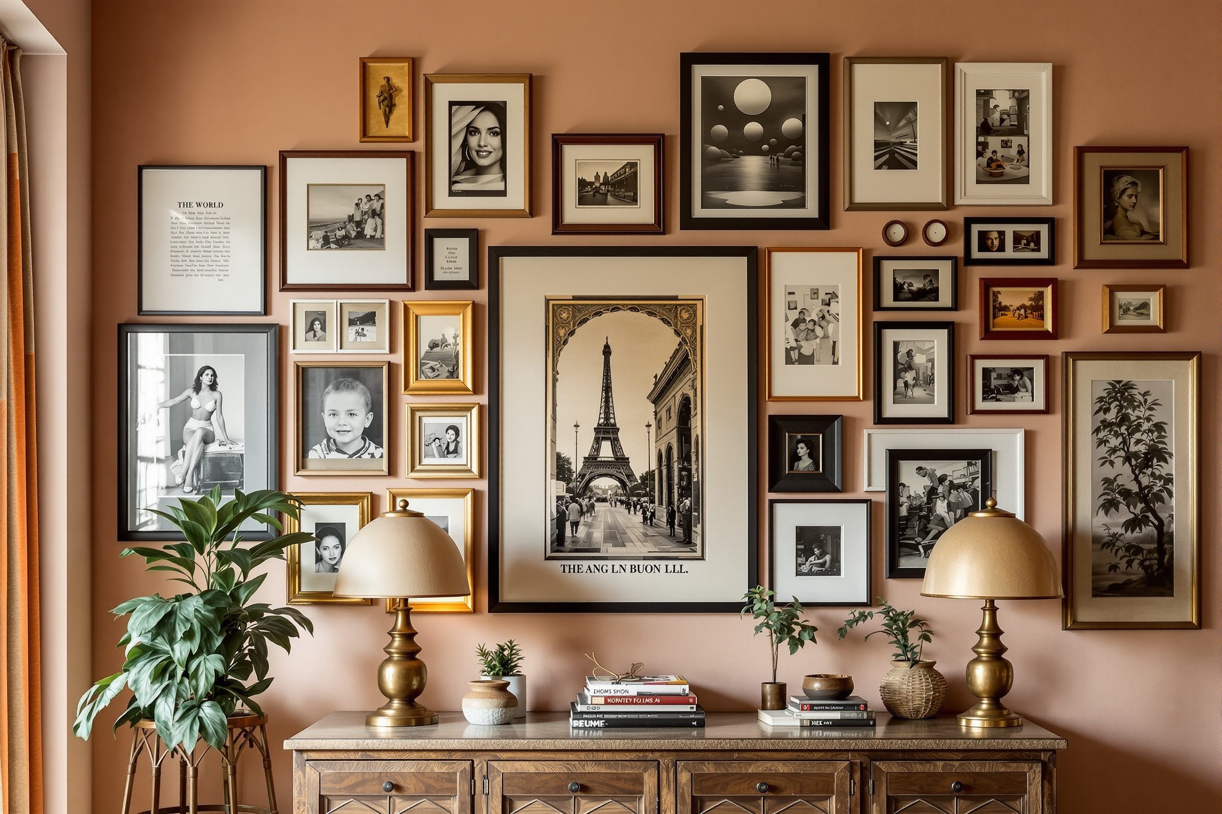 A curated gallery wall mixing framed art, photographs and small objects in an Indian home