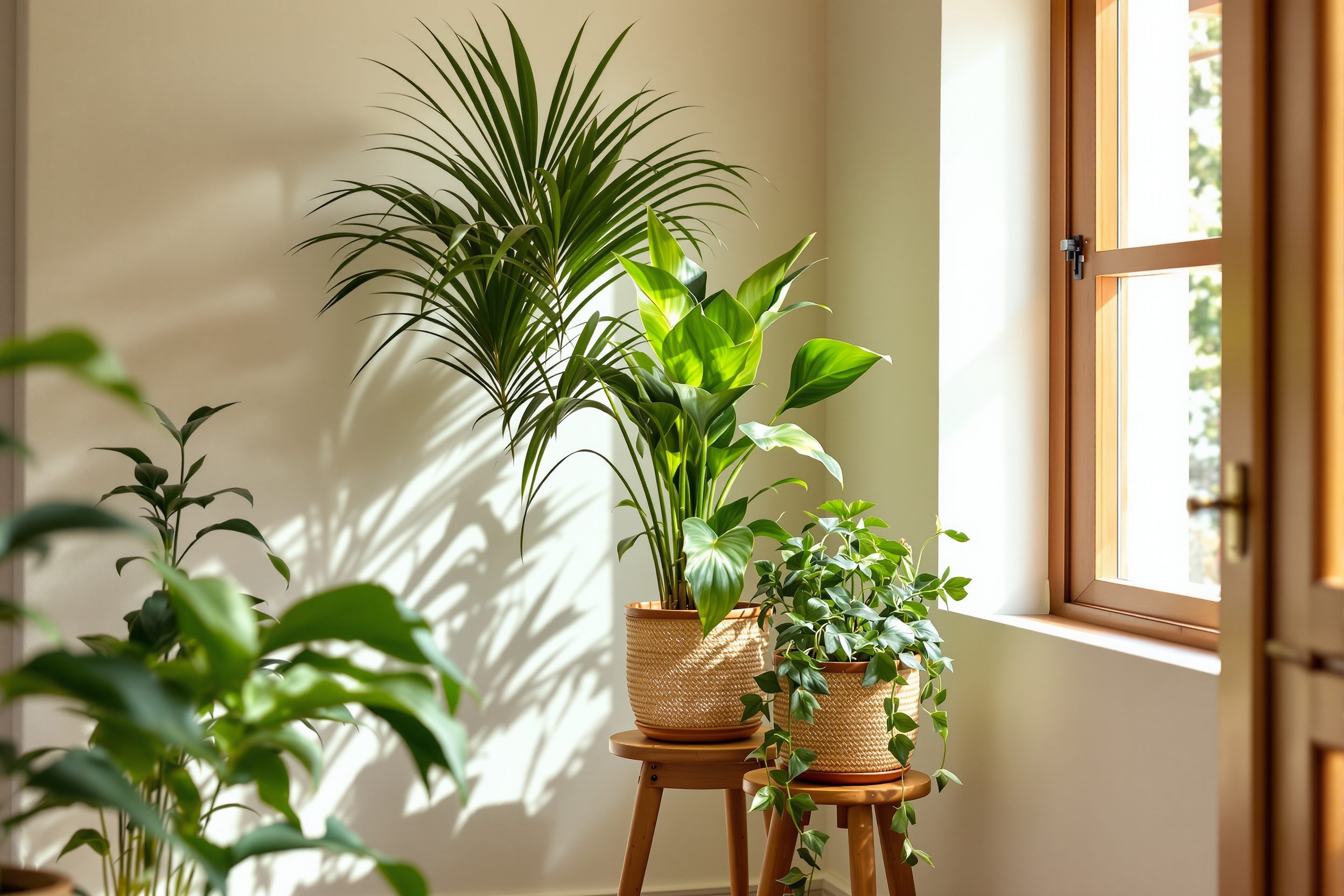 An indoor greenery corner styled with tiered sculptural planters and trailing plants in an Indian home