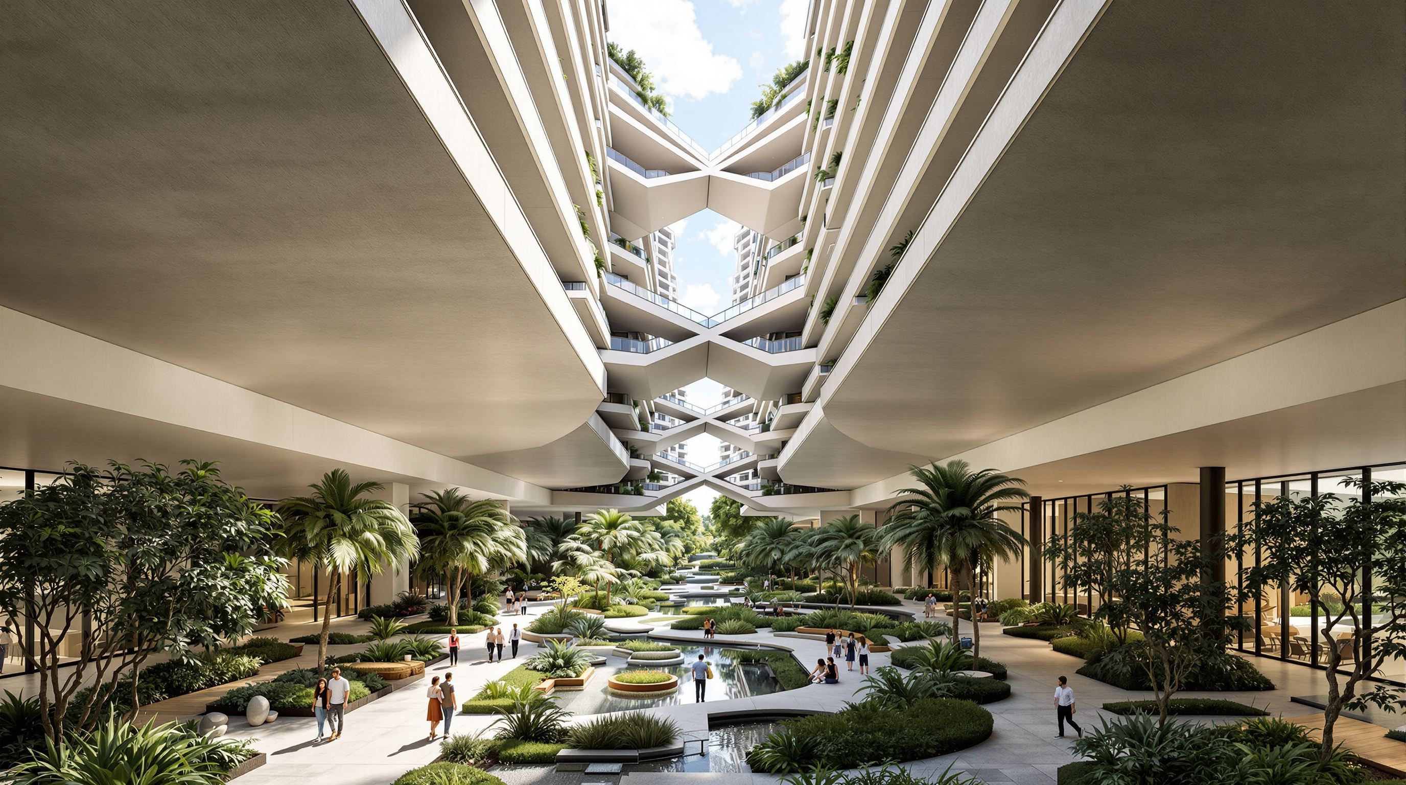 Looking up into one of the Interlace's eight courtyards: two enormous six-storey apartment bars cross overhead like fingers of a folded hand, their undersides framing a shaded, planted garden below, with residents walking on landscaped paths between palms and water features