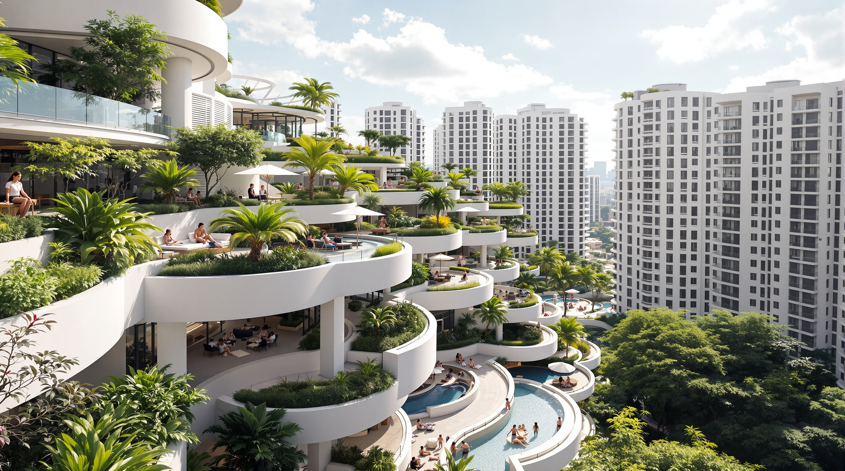 A cascading sky garden on one of the Interlace's stepped rooftops: residents relaxing on a landscaped terrace high above the ground, tropical planting and a reflecting pool in the foreground, the interlocking white apartment bars stepping away into the distance under a bright Singapore sky