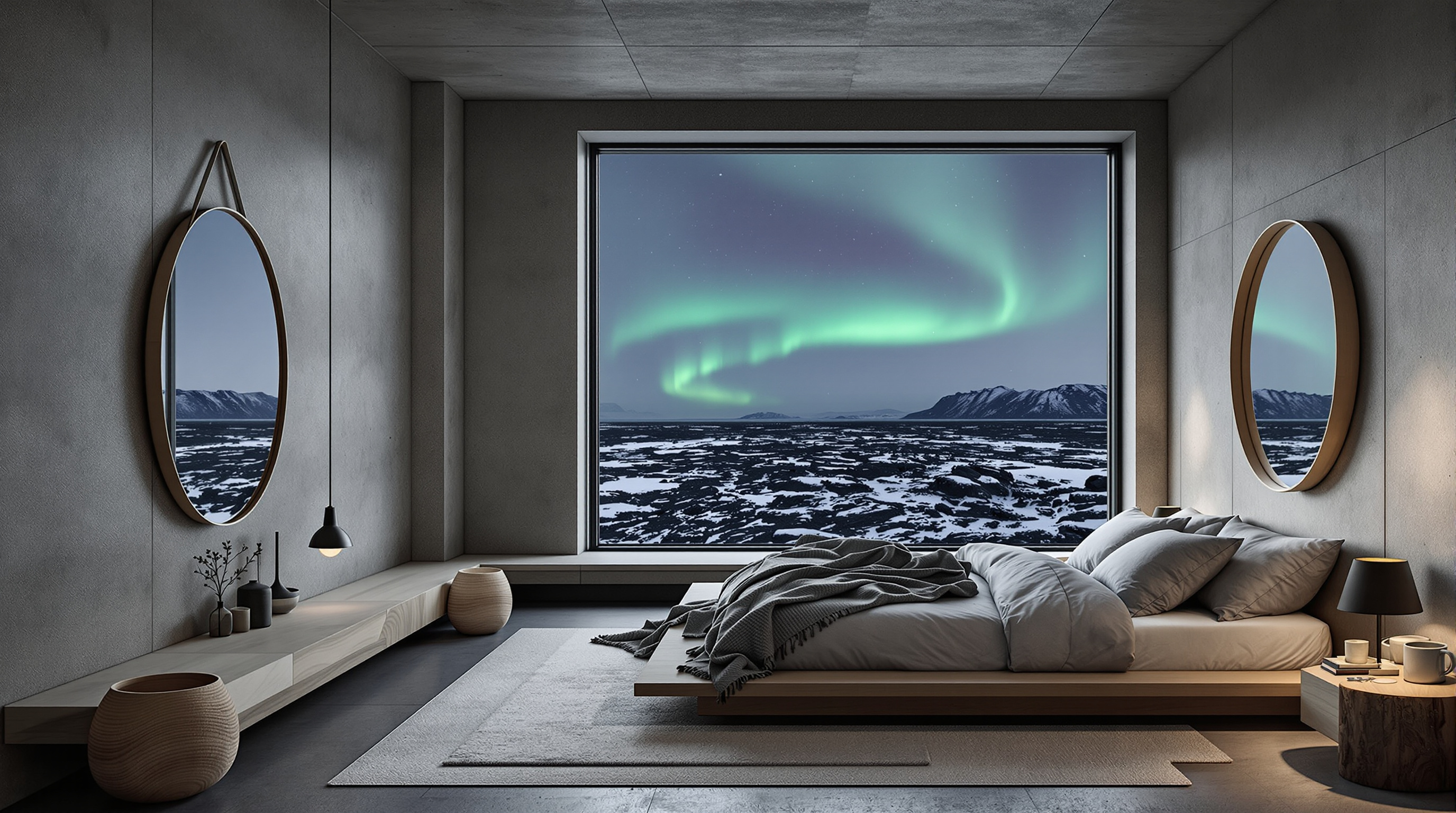 Interior of a guest room at the ION Adventure Hotel: raw concrete walls softened by pale salvaged driftwood, a low bed dressed in grey wool, a floor-to-ceiling window framing the snow-dusted lava field and a faint green shimmer of the Northern Lights outside