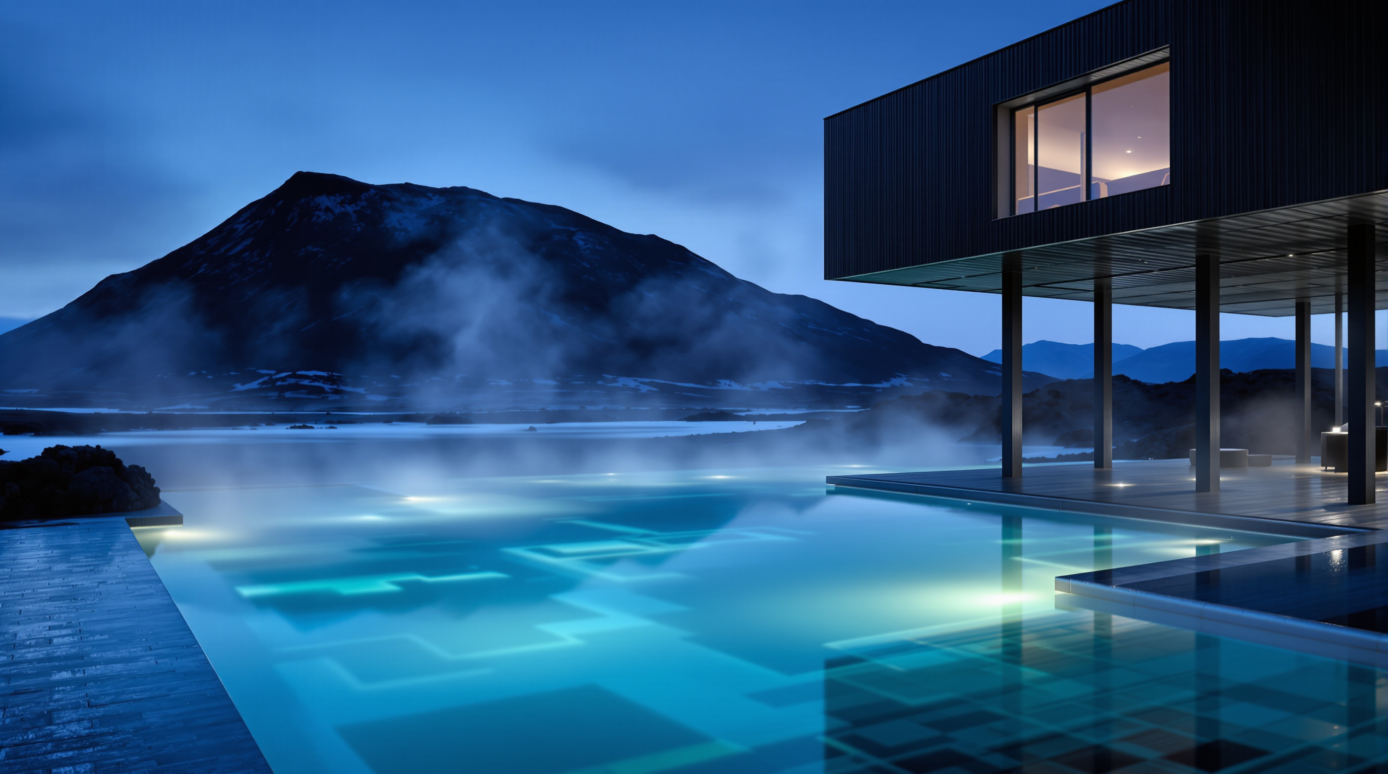 Guests in the ION Adventure Hotel's outdoor geothermal pool at dusk, steam rising off the hot water into cold air, the black cantilevered wing of the hotel above them and the dark volcanic slopes of Mount Hengill behind
