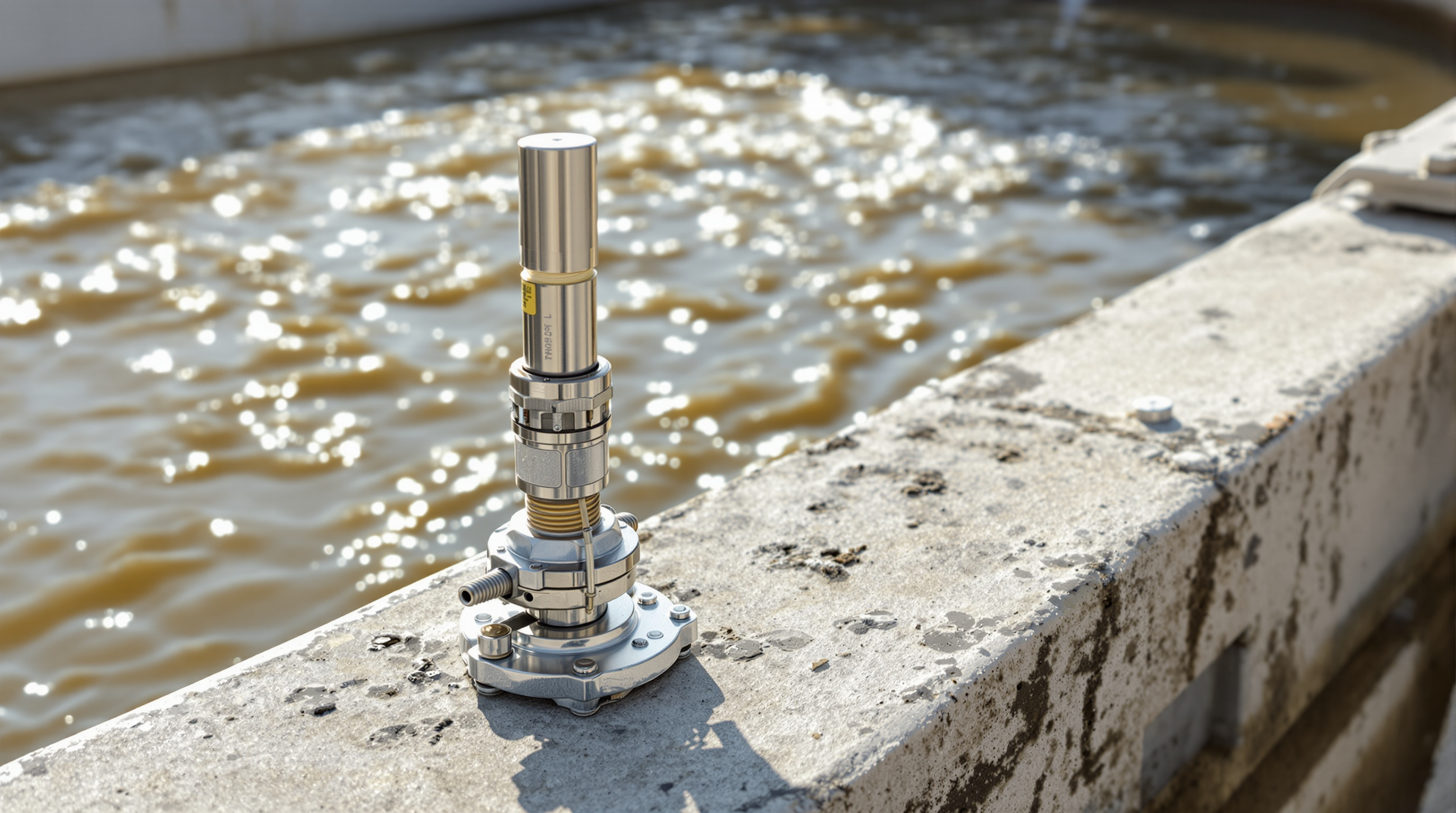 A dissolved-oxygen probe and sensor cabling mounted at the edge of an aerated sewage treatment tank with churning water surface