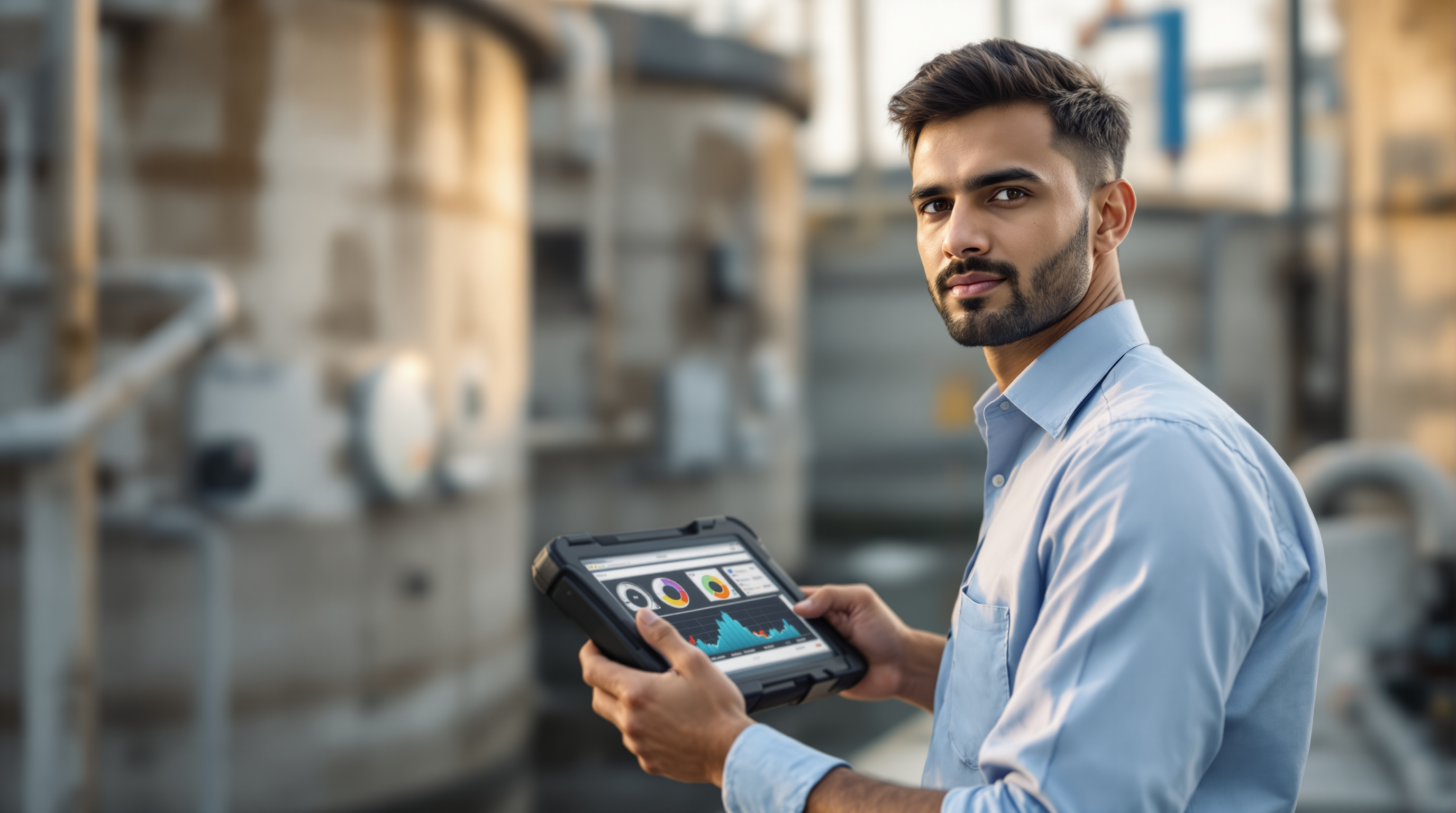 An Indian STP operator holding a tablet showing live gauges and trend charts while standing beside process tanks