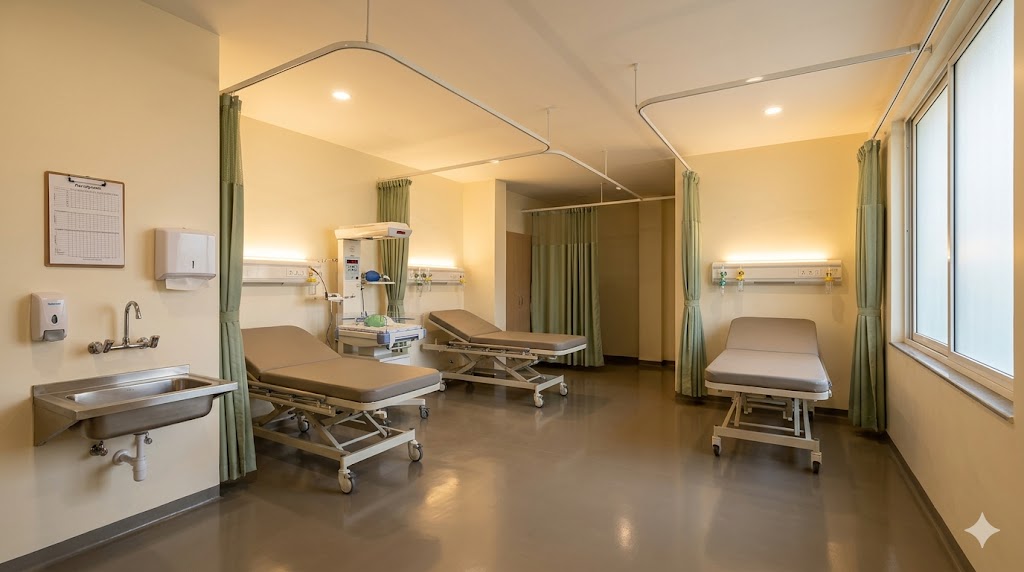 CHC LaQshya-compliant labour room — three-bed configuration, newborn warmer, eclampsia bay screened