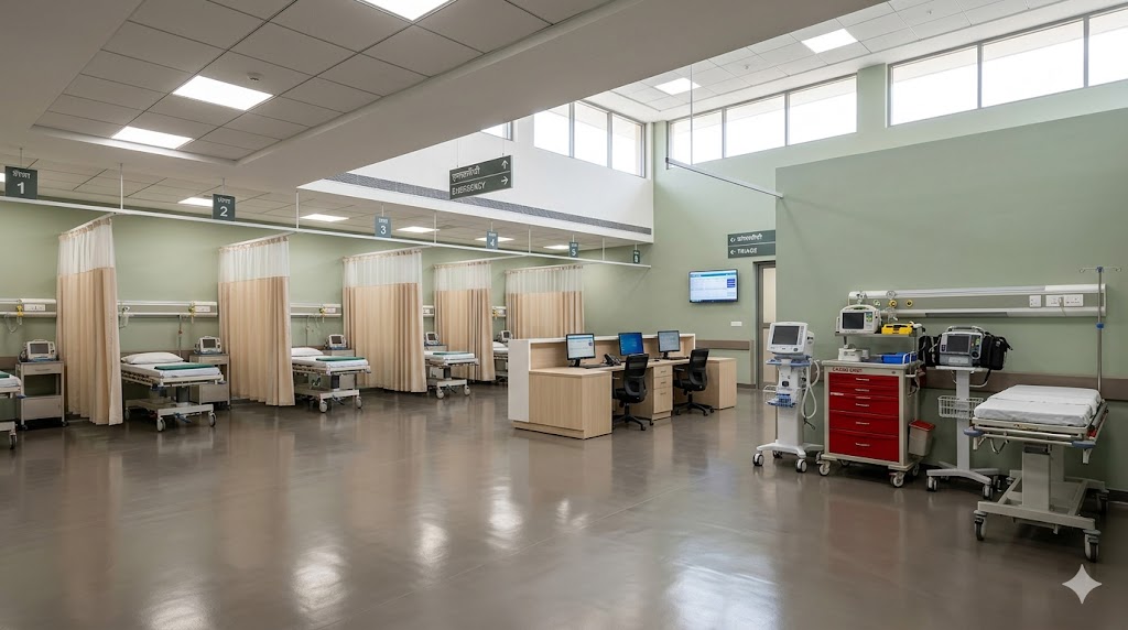 District Hospital emergency department triage and resuscitation — 24×7 readiness, daylit