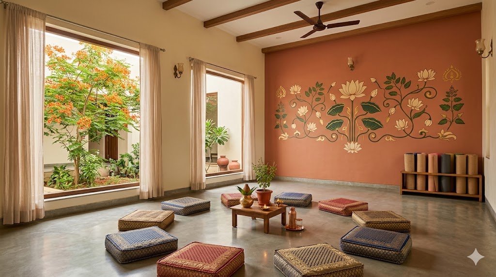 HWC wellness and yoga hall — community-led NCD education and group classes; the AB-HWC differentiator