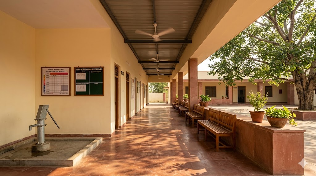 PHC verandah waiting — deep shaded overhang as primary OPD waiting space, the climate-and-culture response