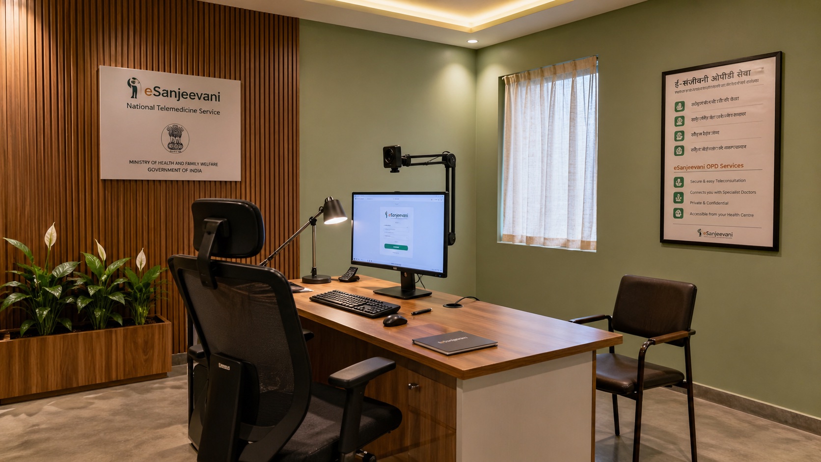 e-Sanjeevani teleconsultation room — private, quiet, well-lit, the architectural enabler of national telemedicine