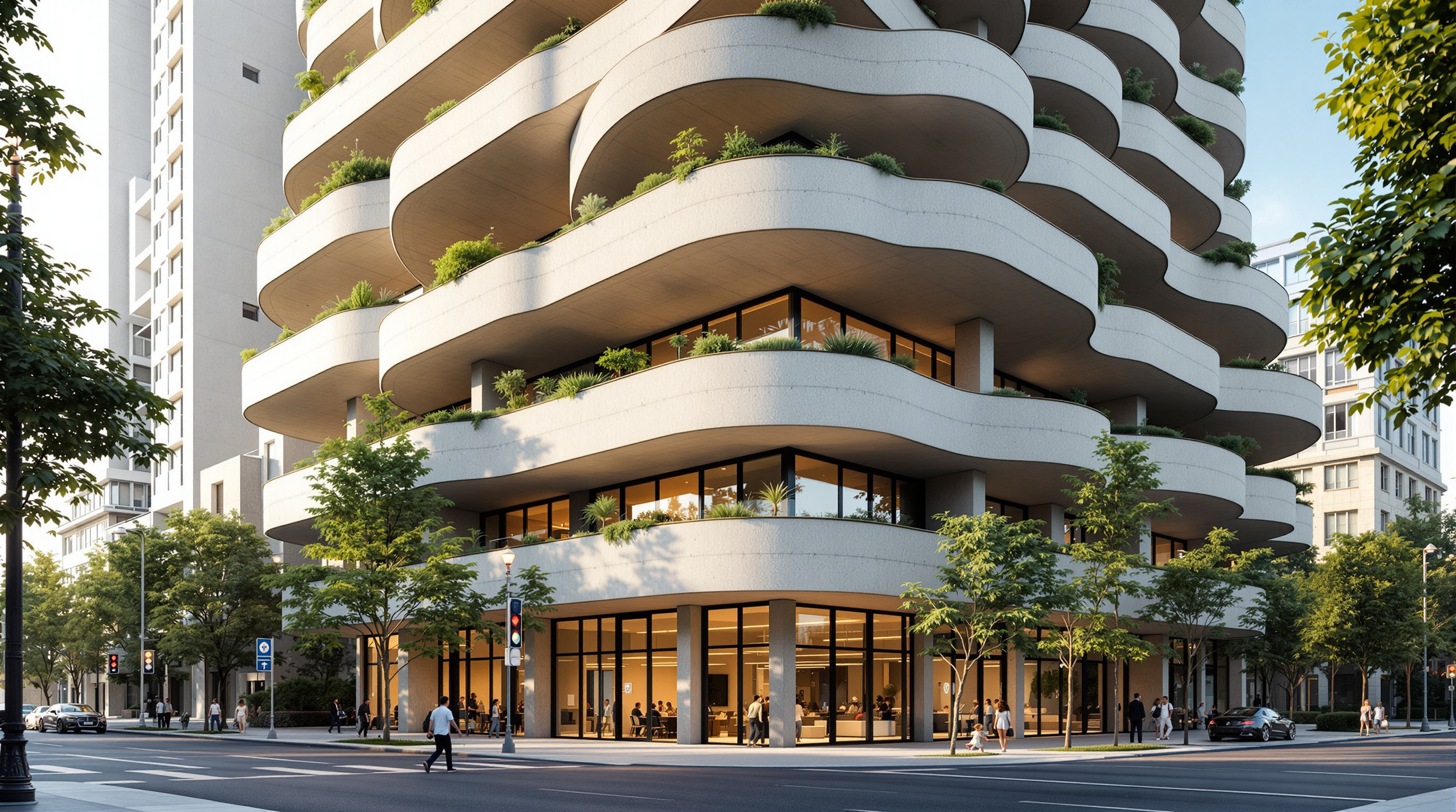 Looking up the corner of IQON from the street: staggered concrete balconies rotate and step outward floor by floor, each ledge planted with shrubs and small trees, the board-marked raw concrete catching the equatorial light