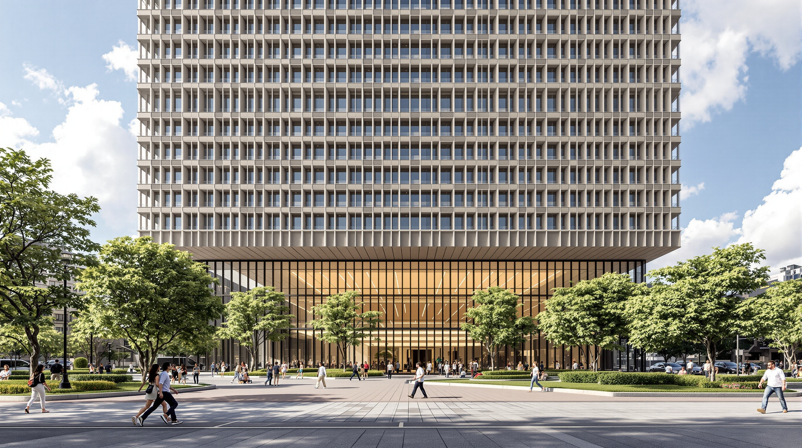 The ground-floor public plaza of IQON in Quito, people crossing a landscaped forecourt of trees and paving that reads as a continuation of La Carolina Park, the pixelated concrete tower soaring overhead