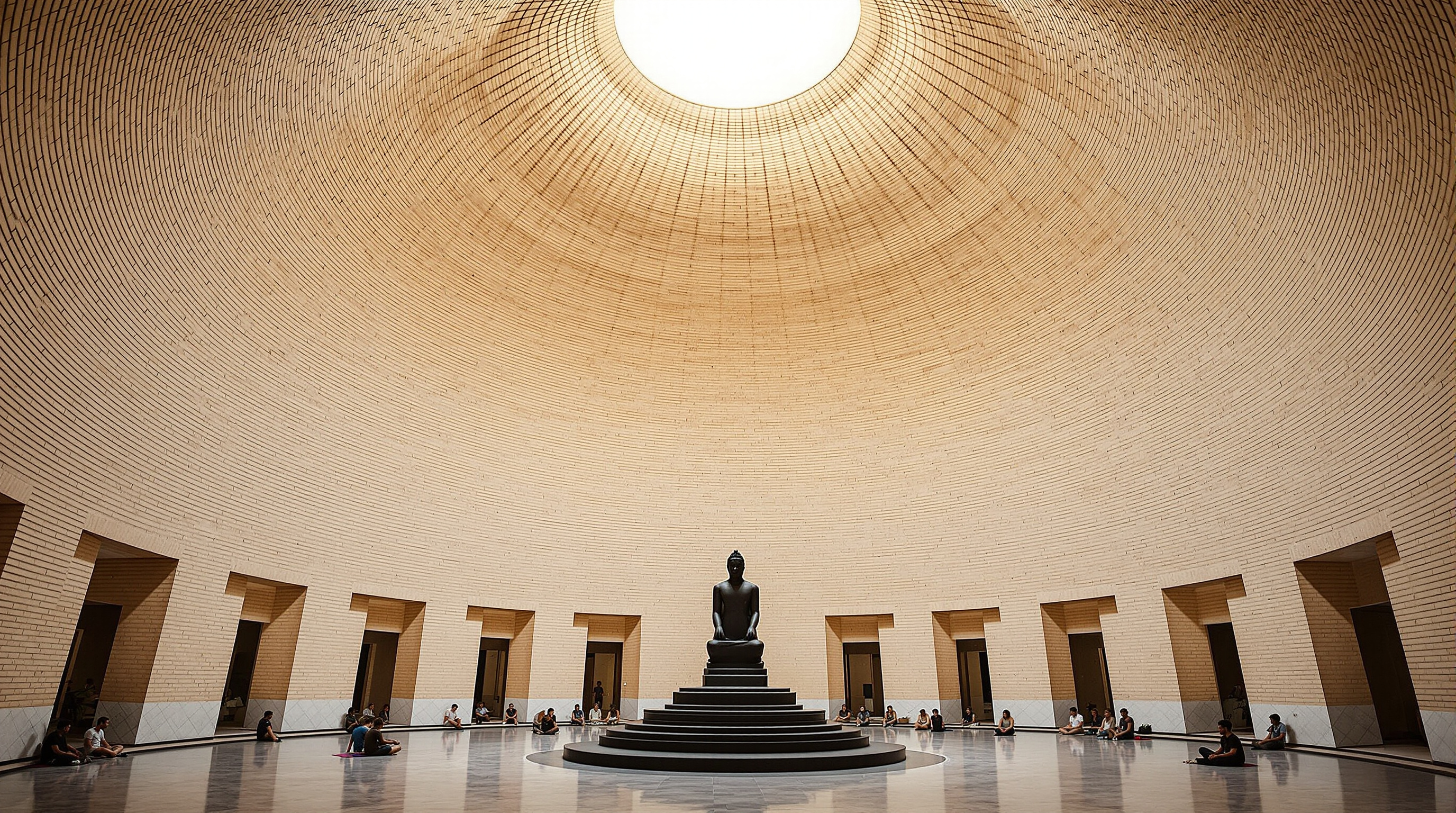 Interior of the Dhyanalinga shrine: the vast unbroken curve of the pale brick dome overhead, lit softly, sweeping down without a single column to a black stone linga at the centre, a few silent meditators seated on the floor