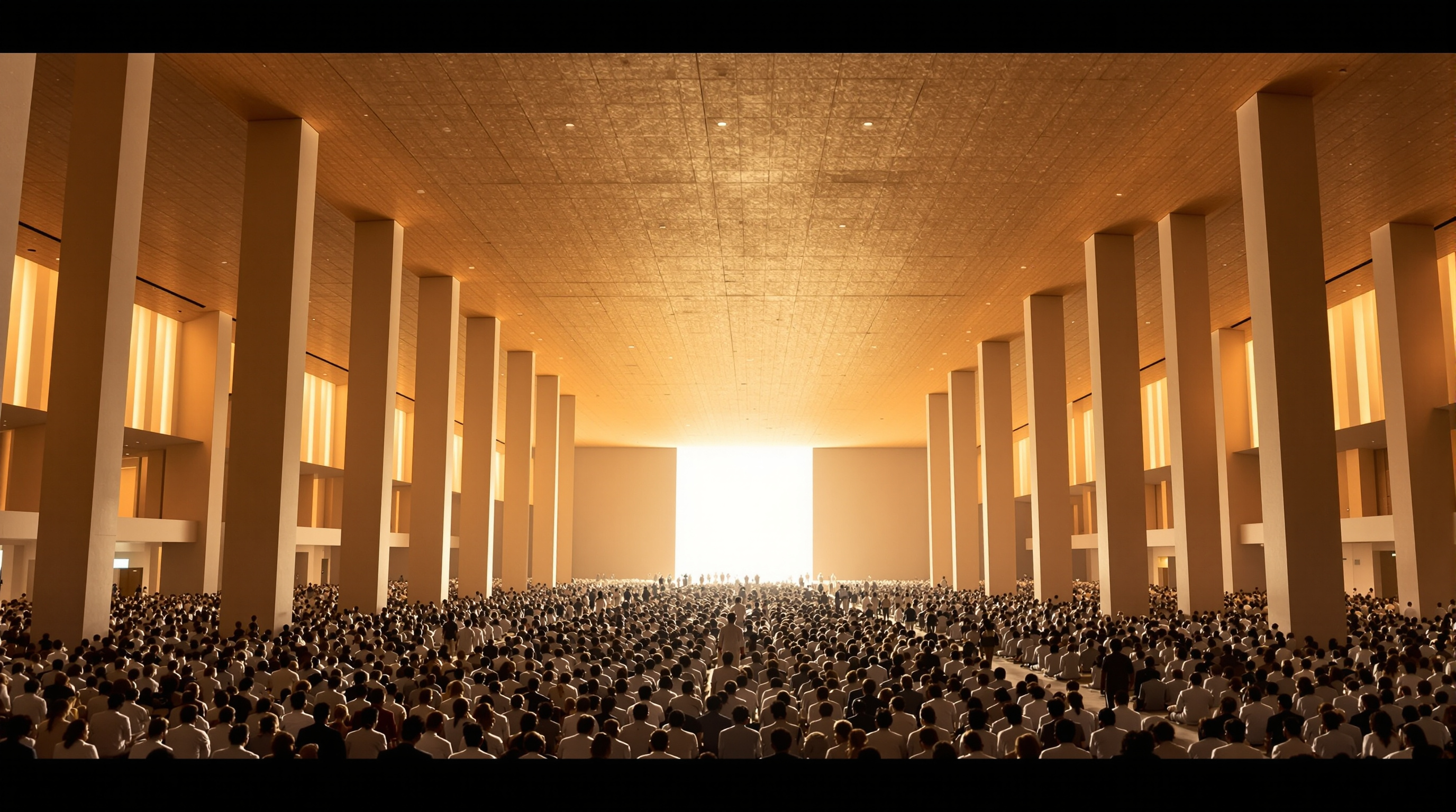 The vast column-free interior of Isha's Adiyogi Alayam meditation hall filled with thousands of seated participants, a single unbroken ceiling spanning the entire space, warm light washing down the far wall