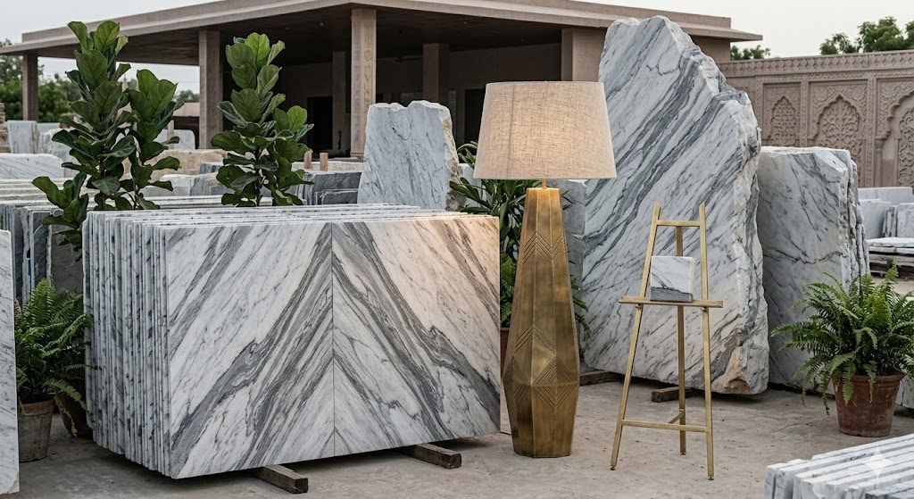 Inline documentary photograph of a large book-matched Italian marble slab in a Kishangarh stone yard, dramatic grey veining running symmetrically across two mirrored panels, workers inspecting the surface for the buyer to sign and reserve by block number