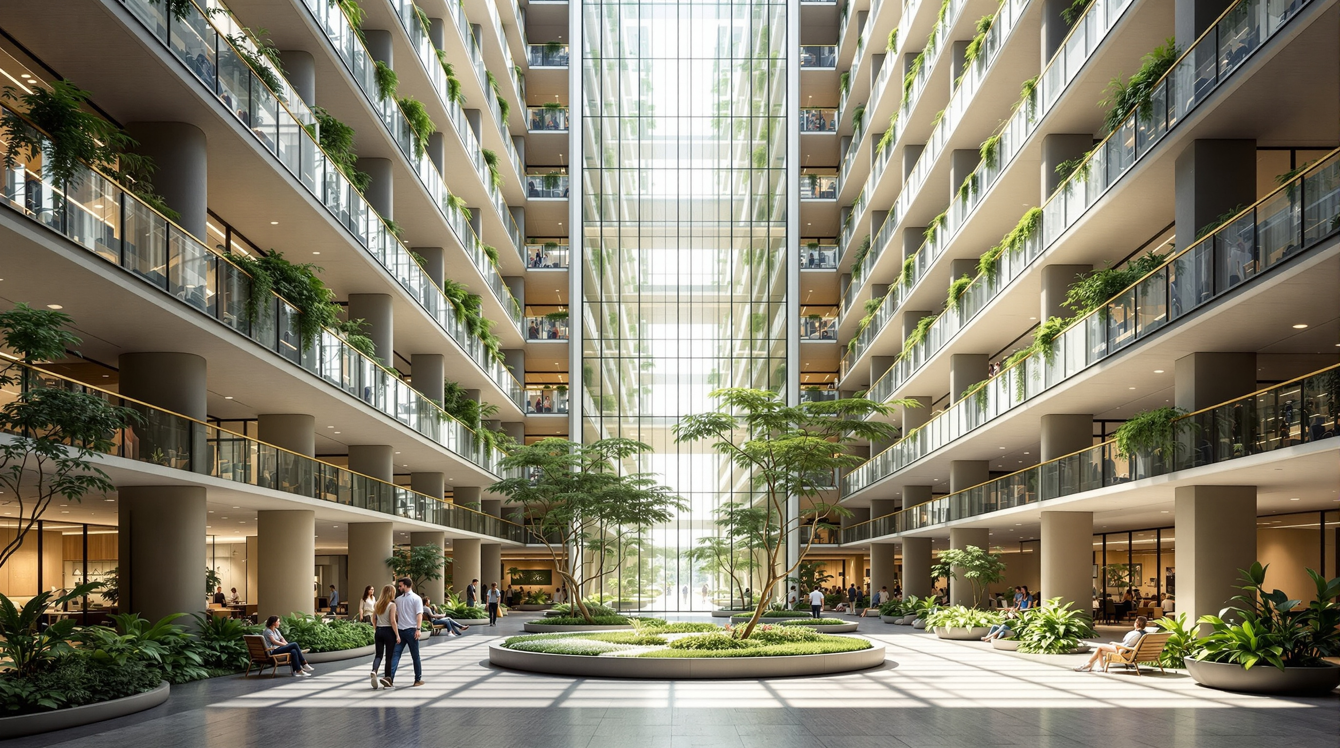 The central atrium of the ITC Green Centre seen from the ground floor: a tall, top-lit glazed void bringing soft daylight down through the building's core, planted greenery at its base, walkways and office floors opening onto it on either side, occupants moving between the two wings