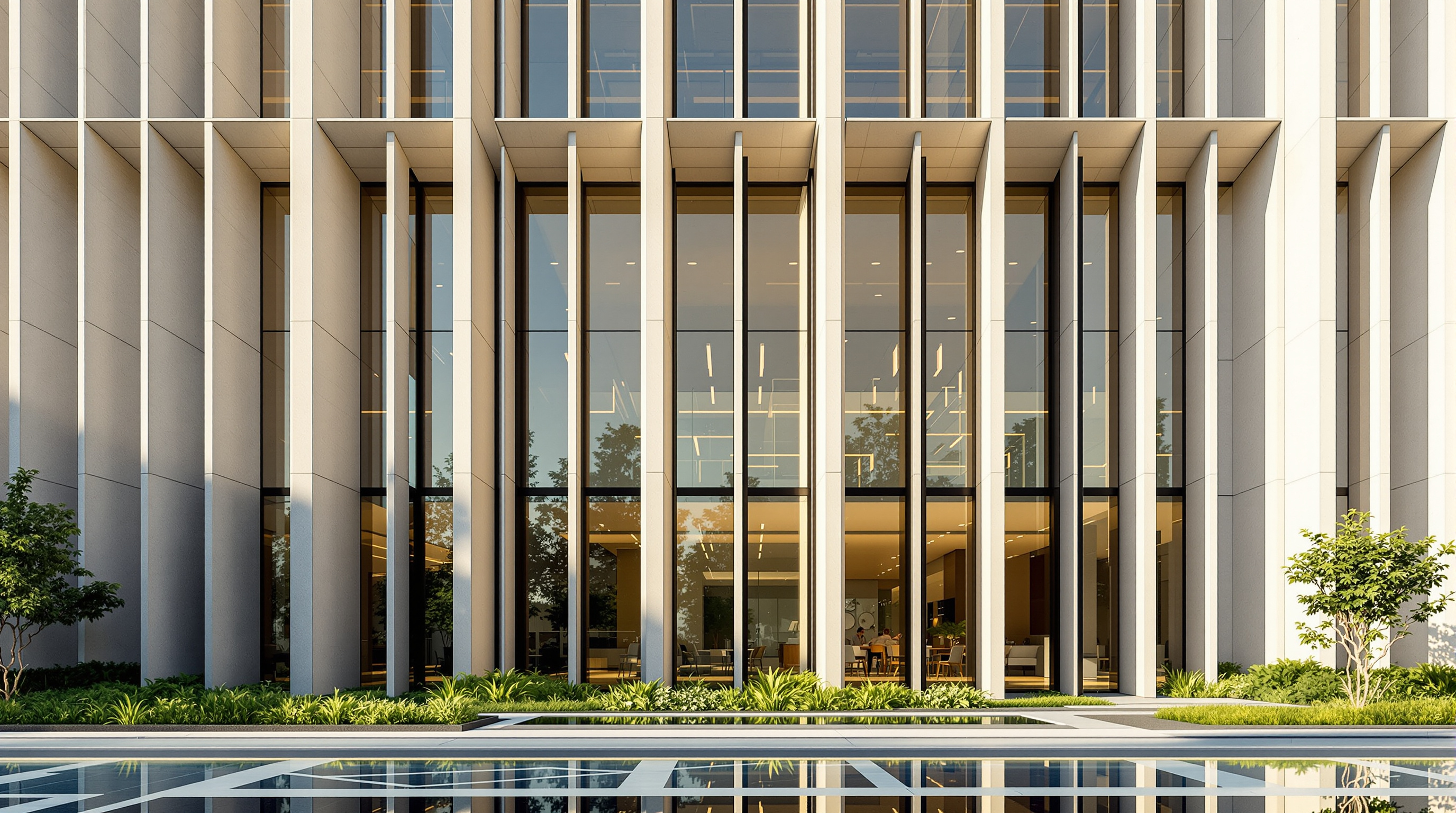 Exterior detail of the ITC Green Centre facade in raking afternoon light: closely spaced deep vertical stone fins standing proud of recessed high-performance glazing, casting hard shadow bands across the pale stone wall, with landscaped greenery and a reflecting pool in the foreground