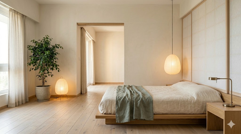 A Japandi bedroom with a 300mm low platform bed in pale oak, cream linen duvet with a single dusty-green throw, a paper-shade pendant hanging low to one side, a low oak side table with a brass-bronze reading lamp, and a washi paper screen as headboard backdrop
