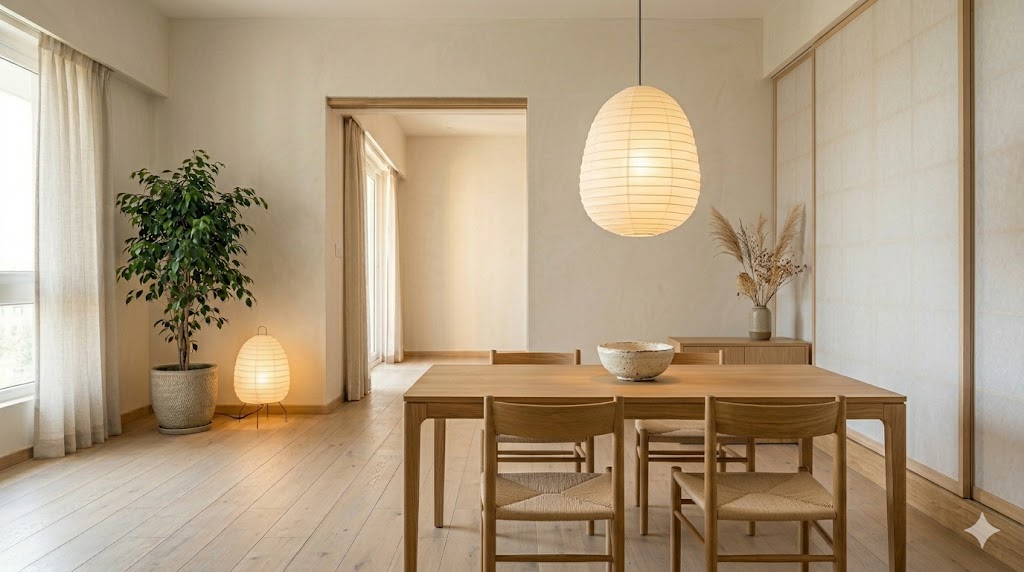A Japandi dining area with a 1.6m oak dining table for four with matching low-back chairs, a single stoneware bowl in the centre, a paper-shade pendant hanging low above the table, and a dried-grass arrangement in a stoneware vase on a sideboard