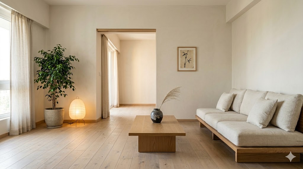 A Japandi living room with a low oak platform sofa with linen cushions, an oak coffee table, a single raku ceramic vase, a paper floor lantern, a small sumi-e ink painting on the wall, and warm off-white plaster walls