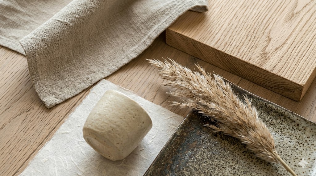 A still-life of Japandi materials — a corner of a linen napkin, a piece of pale oak with visible grain, a small wabi-sabi raku ceramic cup, a handmade washi paper sheet, a piece of stoneware with reactive glaze and a sprig of dried pampas grass under soft natural daylight