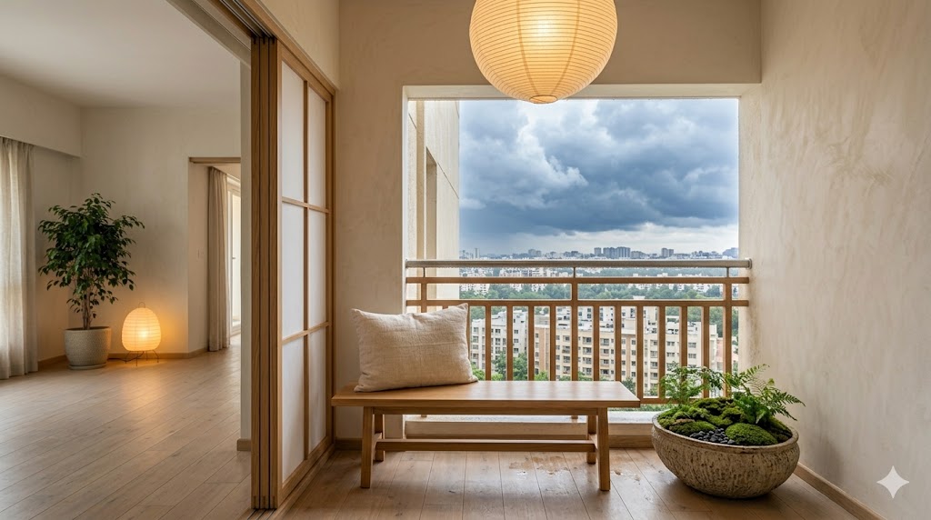 A Japandi balcony in a Bangalore apartment with a low oak bench with one cream linen cushion, a single stoneware planter housing a moss garden, a paper-shade ceiling lantern and a washi paper screen partially separating it from the living room, monsoon clouds visible