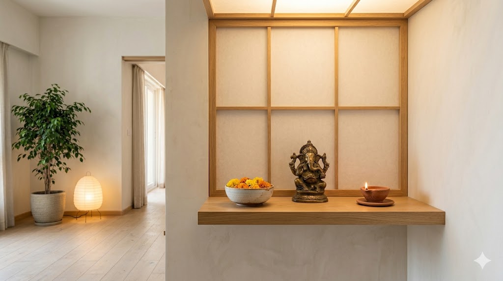 A Japandi pooja corner adapted for Indian use — a single oak shelf at chest height with a small brass Ganesha idol, an unglazed clay diya, a stoneware bowl of marigold petals, and a washi paper screen behind it under soft warm overhead light