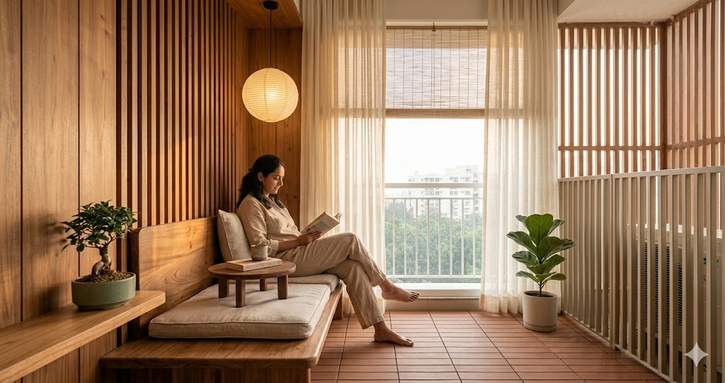 Japandi balcony reading nook in a Pune apartment late afternoon golden light a single full-width raw cedar bench against a limewash cream wall a soft oat linen floor cushion on the bench a small walnut chabudai low table holding a hand-thrown stoneware chai cup and a single book one washi paper lantern hanging above the bench a small bonsai in a sage stoneware pot terracotta deck tile flooring an oat-coloured fluted screen partly hiding an AC outdoor unit a young Indian man in his late twenties wearing relaxed beige linen reading on the bench with bare feet warm soft light filtering through a sheer bamboo blind quiet contemplative atmosphere magazine-quality interior photograph