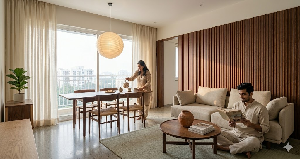 Wide-angle photograph of a Japandi living-dining combined room in a 700 sft Bengaluru apartment morning light filtering through sheer cream linen curtains a low oat linen modular sofa anchored by a 6x9 pale wool rug in soft sage a walnut chabudai low coffee table with a single hand-thrown Auroville terracotta vessel and a small stack of two architecture books a paper-shade pendant lamp suspended over an extending walnut dining table with four Hans Wegner CH36 reissue chairs in matched walnut a feature wall of fluted walnut veneer behind the sofa a young Indian couple in their early thirties wearing relaxed beige and oat cotton clothing the man sitting cross-legged on the rug reading a book the woman pouring chai at the dining table a single large potted Ficus near the window quiet morning atmosphere magazine-quality interior photograph