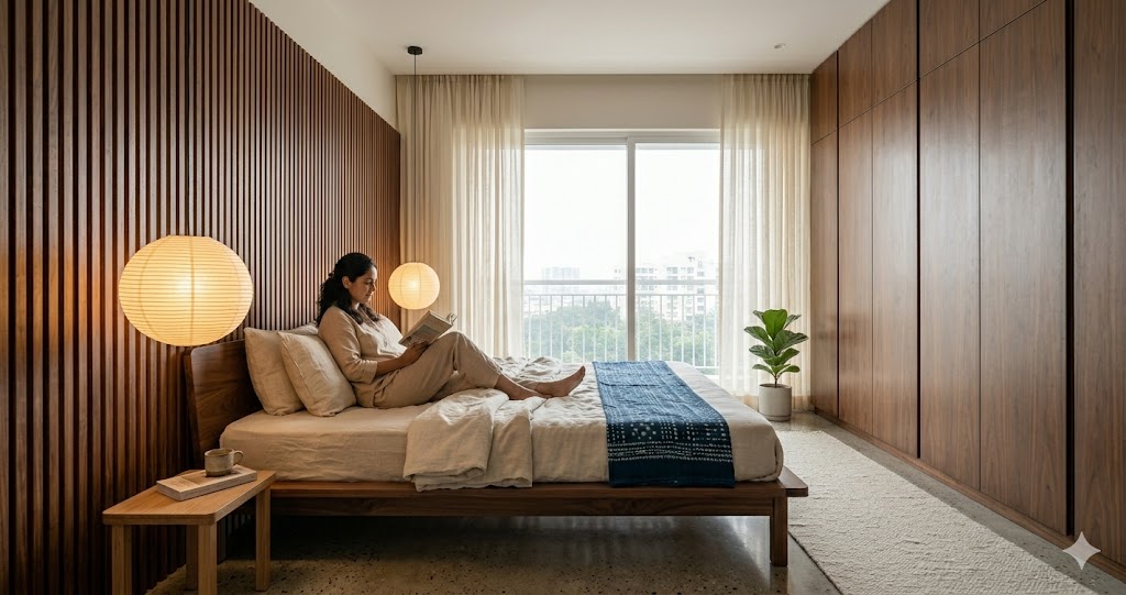 Low platform bed Japandi master bedroom in a Mumbai 2 BHK apartment soft morning light filtering through sheer off-white linen curtains a low walnut platform bed 35 cm off the floor with cream and oat linen bedding layered in soft folds a fluted walnut feature wall behind with shadow-gap joinery two suspended washi paper pendant lamps flanking the bed instead of bedside table lamps a small floor-mounted oak side table with a single hand-thrown stoneware cup and a closed book a hand-knotted pale wool runner alongside the bed floor-to-ceiling matched walnut wardrobes on the opposite wall with push-to-open fronts a young Indian woman in soft beige linen pyjamas sitting cross-legged on the bed reading by the pendant light tranquil atmosphere magazine-quality interior photograph