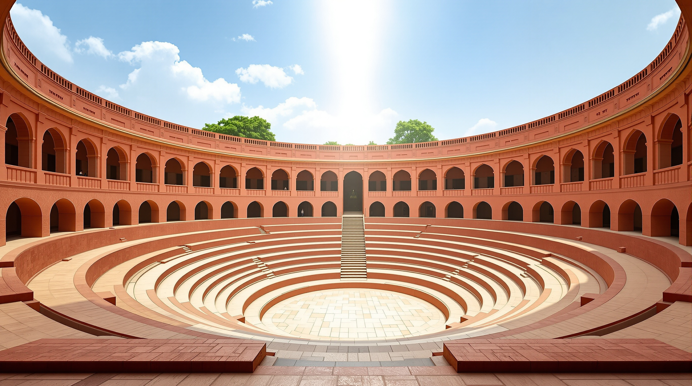 The open-to-sky central courtyard of Jawahar Kala Kendra, a stepped stone amphitheatre sunk into the middle of the plan, ringed by red sandstone walls with arched openings, bright daylight falling into the enclosed void